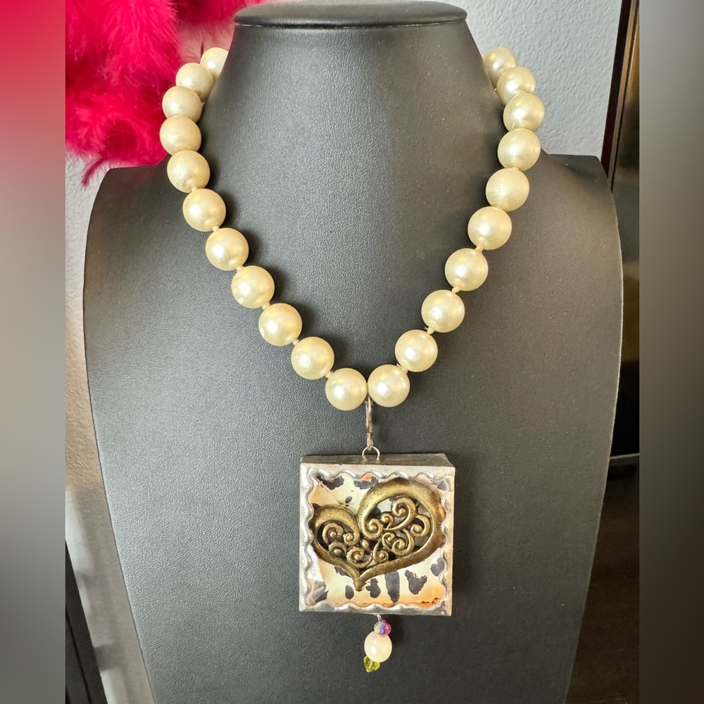Artisan Pearl Necklace with Heart Box Pendant